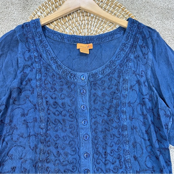 Sakkas Fedella Deep Scoop Neck Longsleeve Top Adjustable Back Straps Blue 1X/2X - Picture 4 of 14